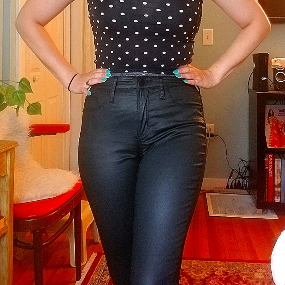 Waxed denim leather look high rise jeans